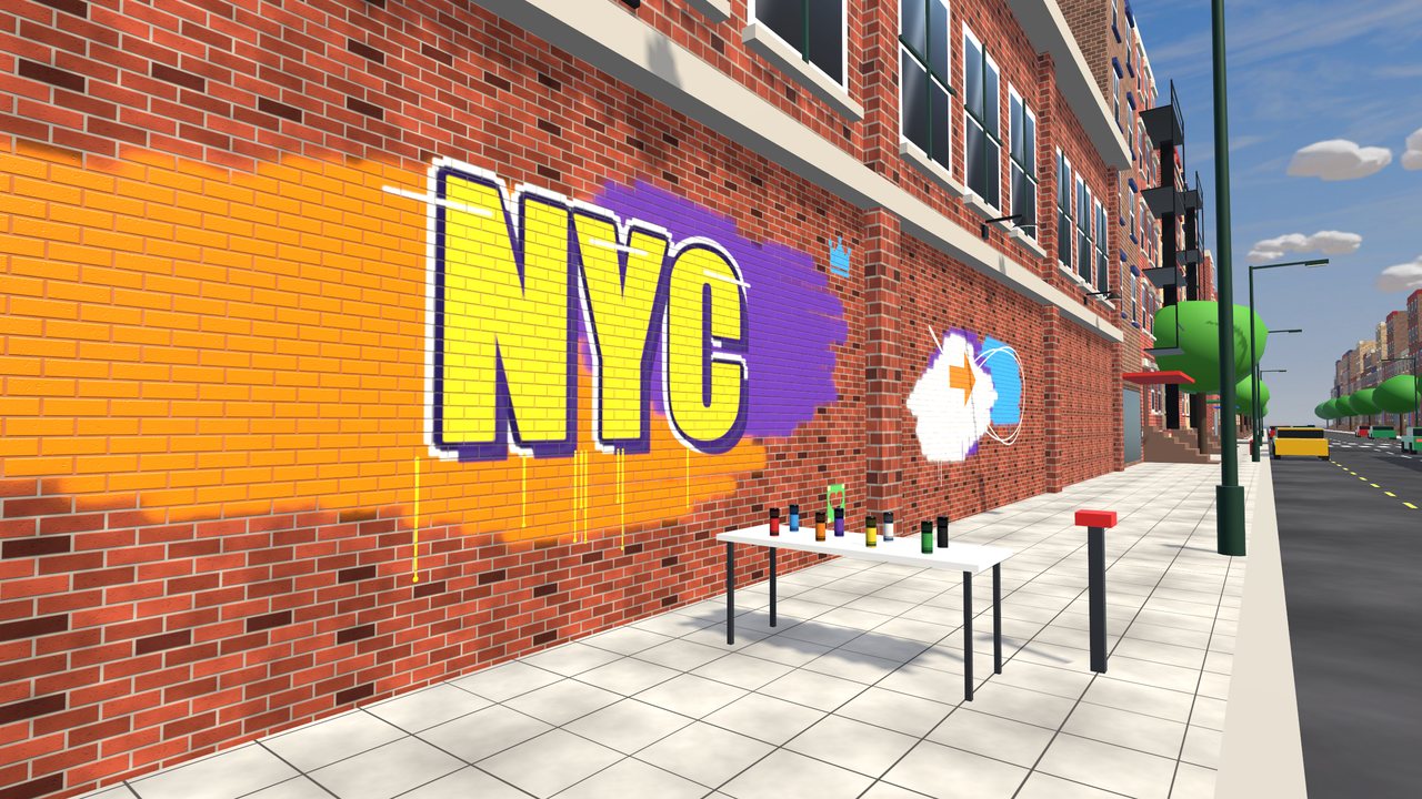 A painted warehouse wall with the table of spray cans